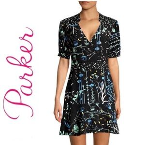 Parker Talisa Black Flounce Ruffle Hem Dress with Colorful Floral Design
